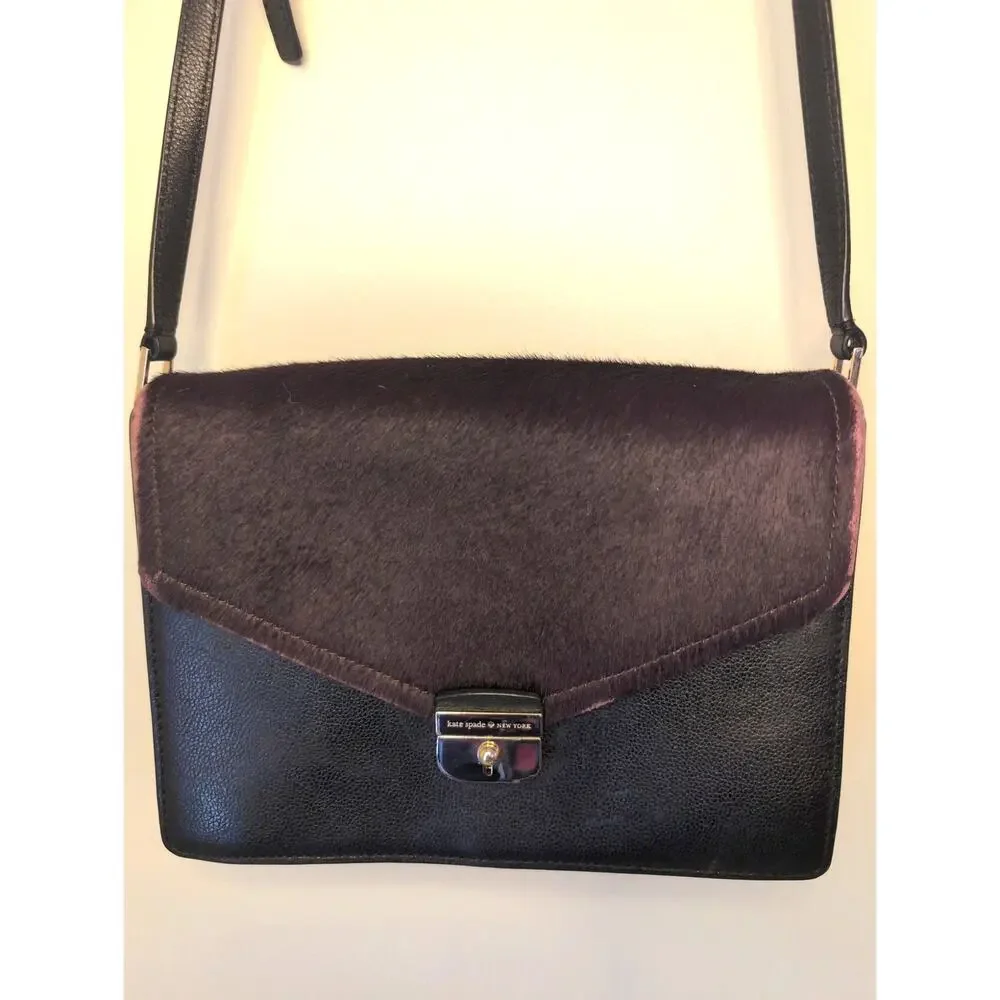Kate Spade Calf Hair Crossbody Bag Black Wine Leather Flap Designer